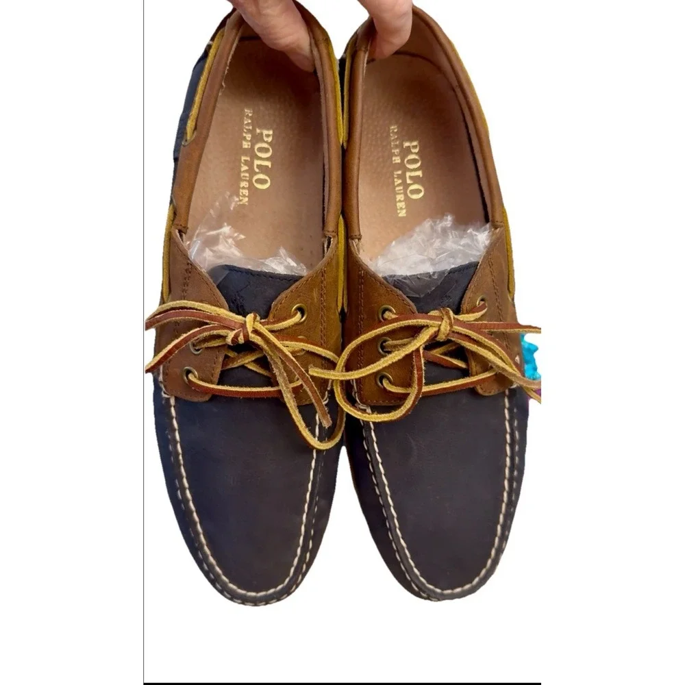 POLO Ralph Lauren BIENNE II Leather Boat Fisherman Shoe Blue Brown Men 12 Photos